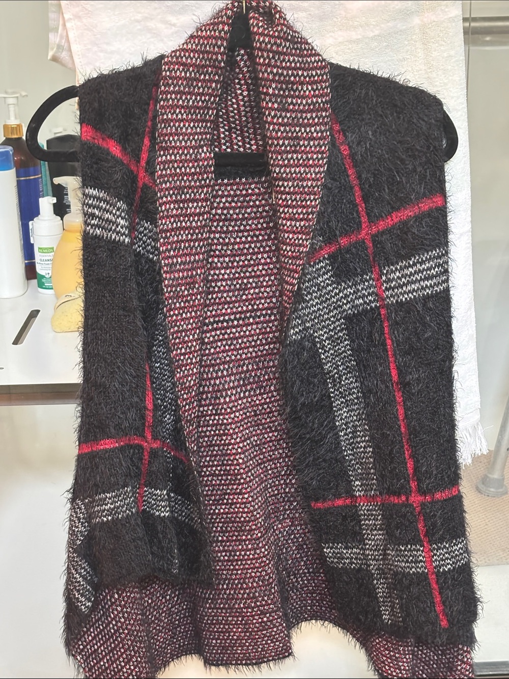 Cozy Black & Red Plaid Shawl Cardigan - Women's Shrug Poncho